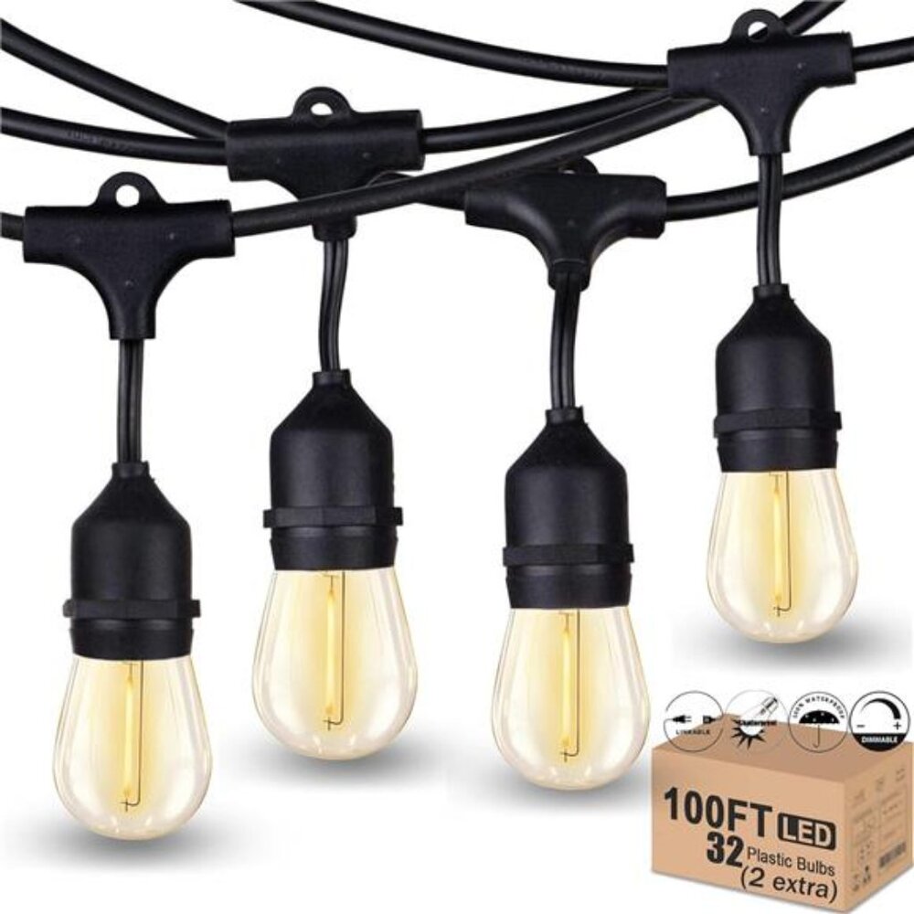 Outdoor String Lights LED 100FT Heavy-Duty Patio Lights String with 32 Dimmable